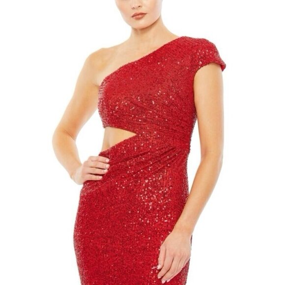 New Mac Duggal Size 0 Red 42022 Sequined One Shoulder Cut Out Gown Dress $398 - Picture 3 of 12